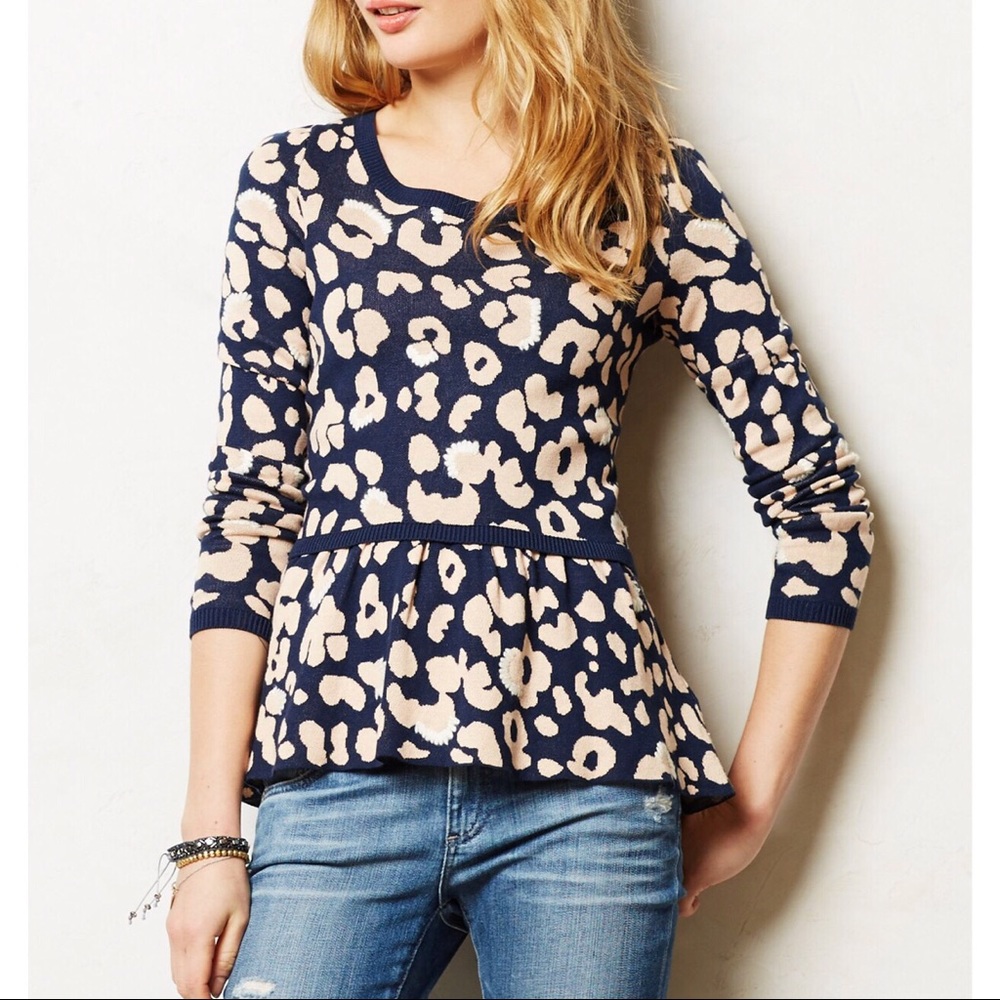 Anthropologie Sz S Moth Leopard Peplum Pullover